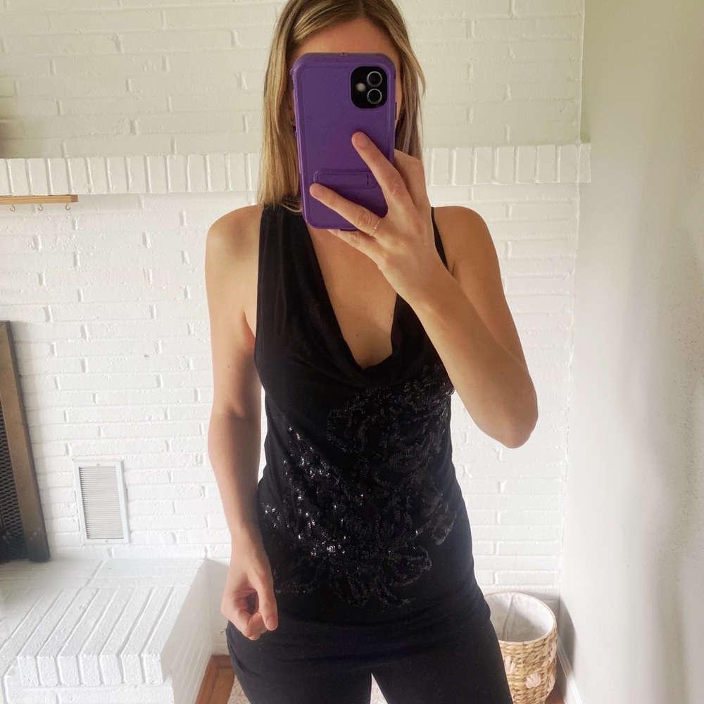 Express Party Black Sheer Sequin Top